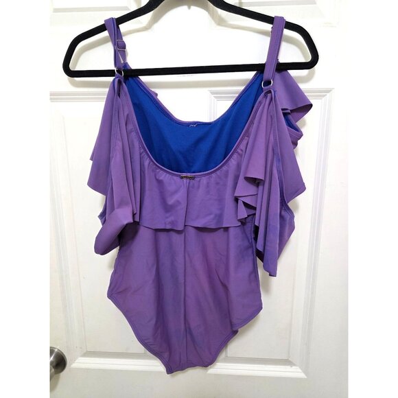Nicole Miller Womens Purple Off-The-Shoulder Ruffle Swimsuit With Adjustable Str - Picture 3 of 10